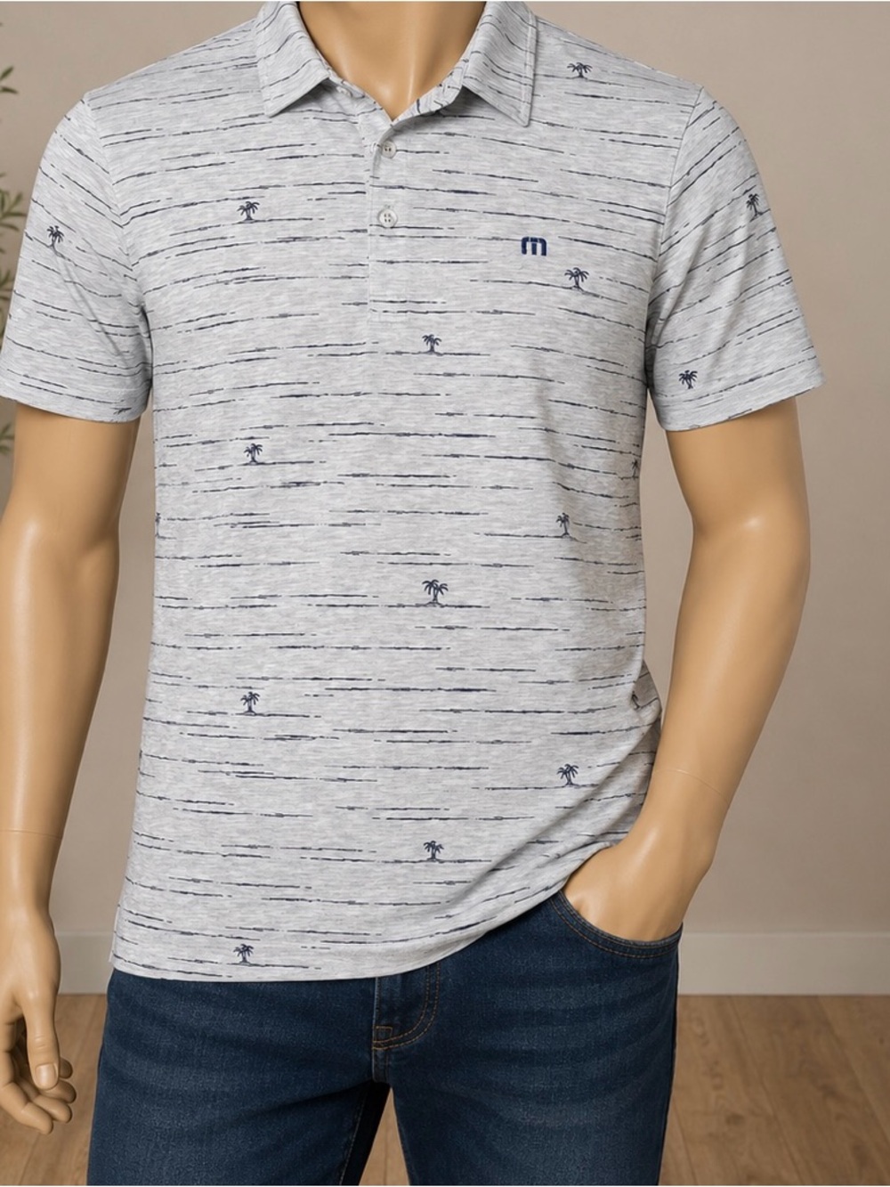 Travis Mathew Golf Men's Light Gray Striped Polo with Palm Print Small